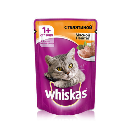 Whiskas для кошек паштет с телятиной 85 гр.